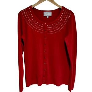Debbie Morgan Red Cardigan with Embellished Neckline